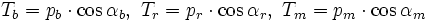 T_b=p_b \cdot \cos\alpha_b,\ T_r=p_r \cdot\cos\alpha_r,\ T_m=p_m \cdot\cos\alpha_m