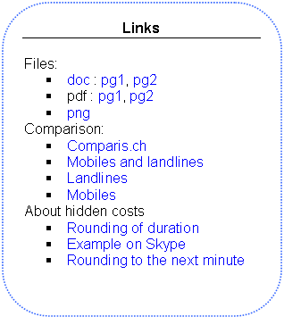 Rounded Rectangle: Links

Files:
	doc : pg1, pg2
	pdf : pg1, pg2
	png
Comparison:
	Comparis.ch
	Mobiles and landlines
	Landlines
	Mobiles
About hidden costs
	Rounding of duration
	Example on Skype
	Rounding to the next minute



